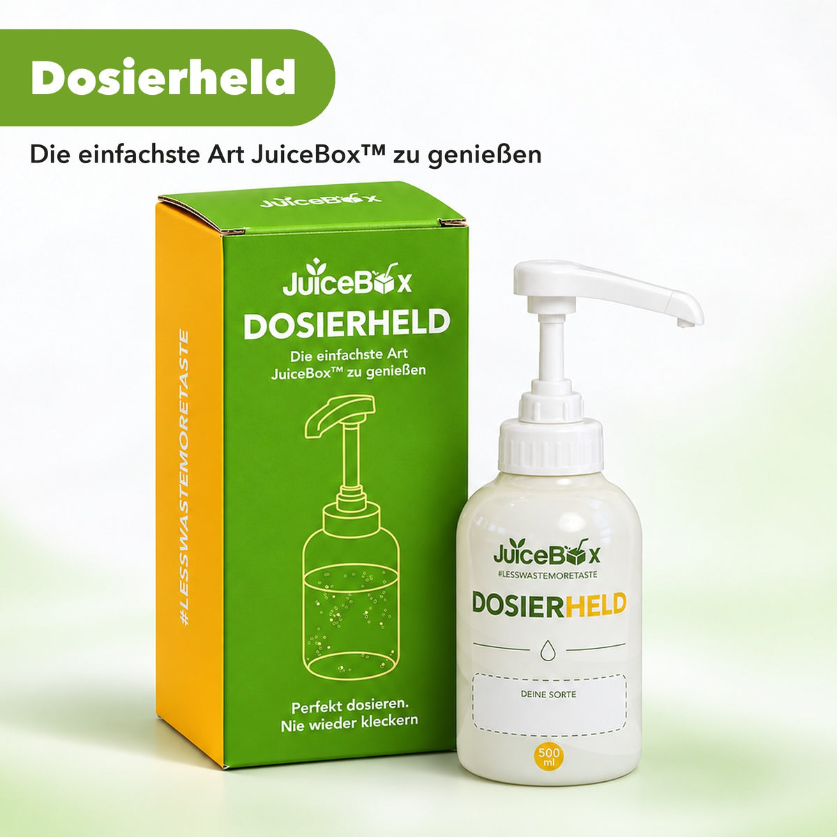 JuiceBox™ Dosierheld 500 ml Glas-Pumpflasche mit Verpackung