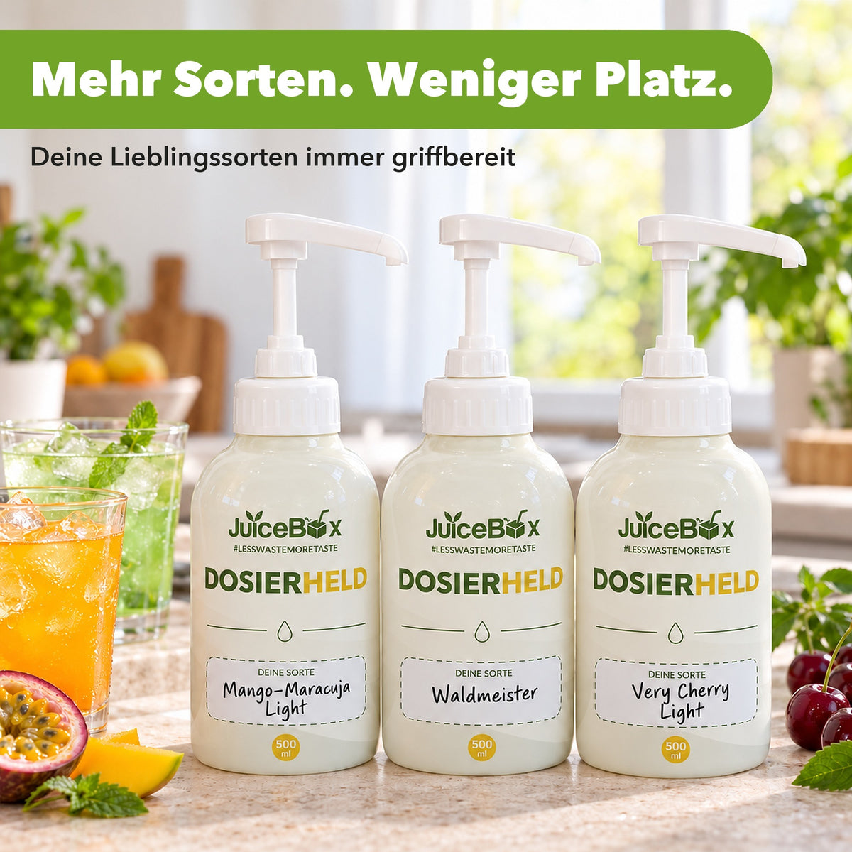 Drei beschriftete Dosierhelden mit verschiedenen Sorten