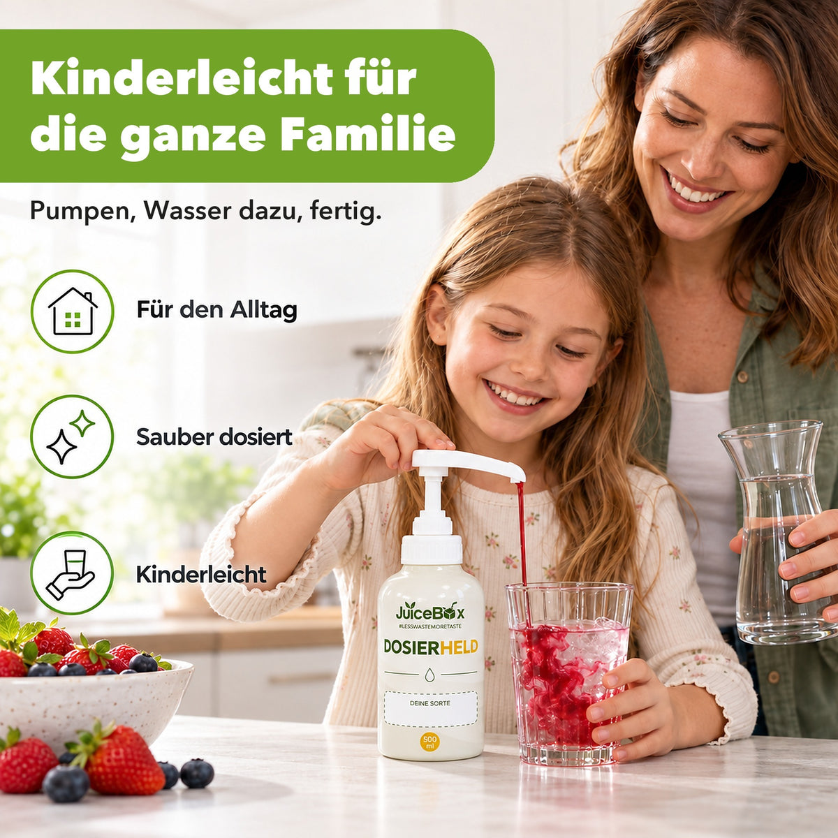 Kinderleicht: Ein Mädchen pumpt Sirup aus dem Dosierheld