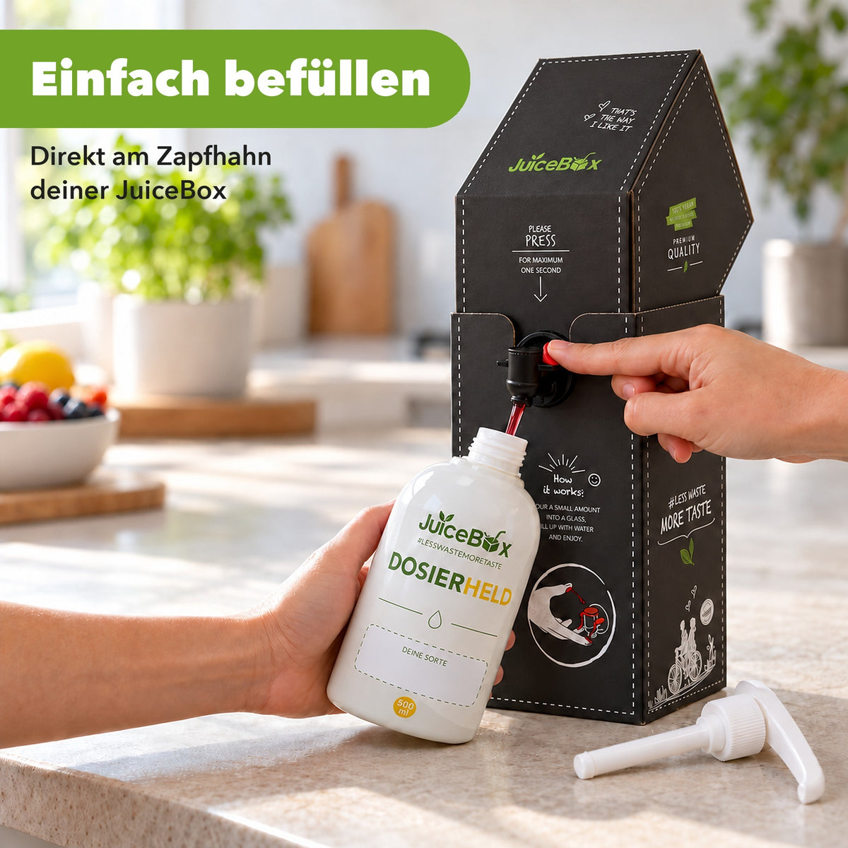 Den Dosierheld direkt am Zapfhahn der JuiceBox befüllen