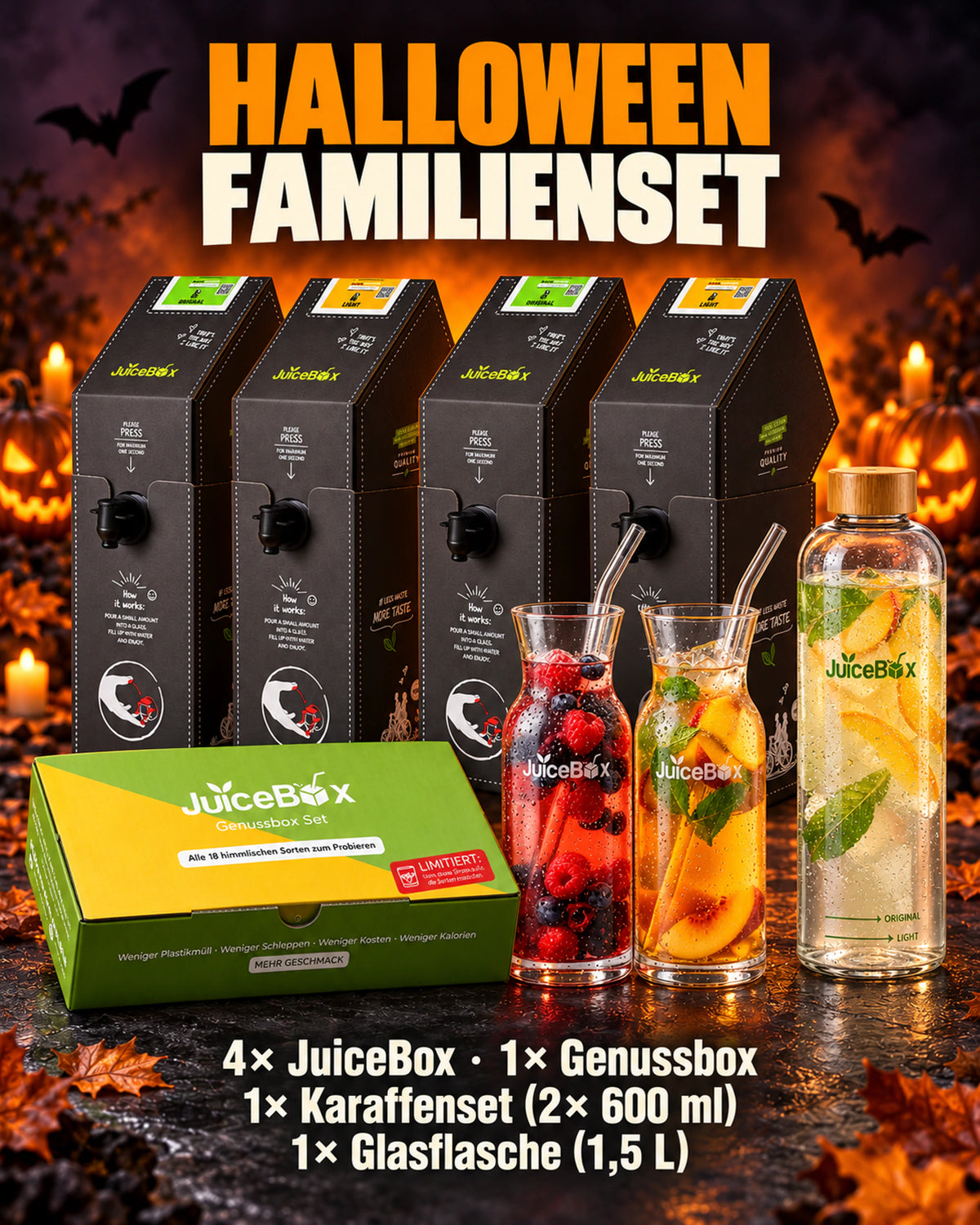 JuiceBox Halloween Familienset: 4× JuiceBox, Genussbox, Karaffenset (2× 600 ml) und Glasflasche (1,5 L)