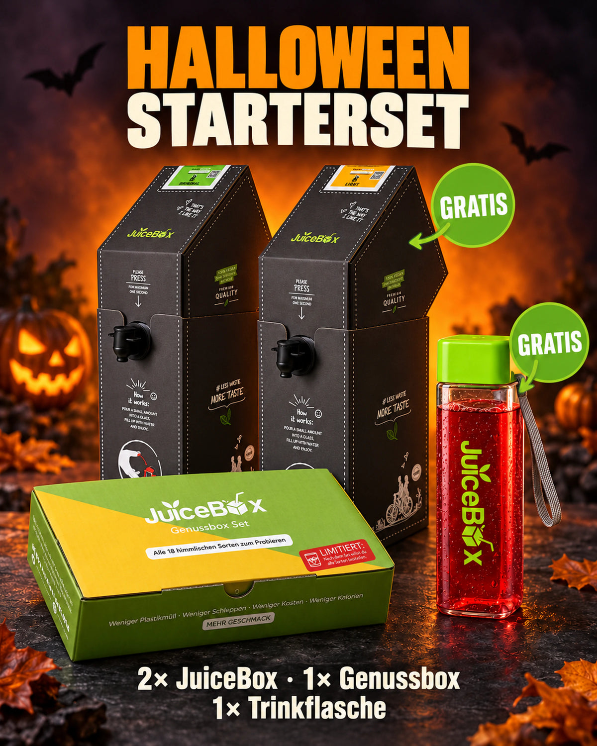 JuiceBox Halloween Starterset: 2× JuiceBox, Genussbox und Trinkflasche