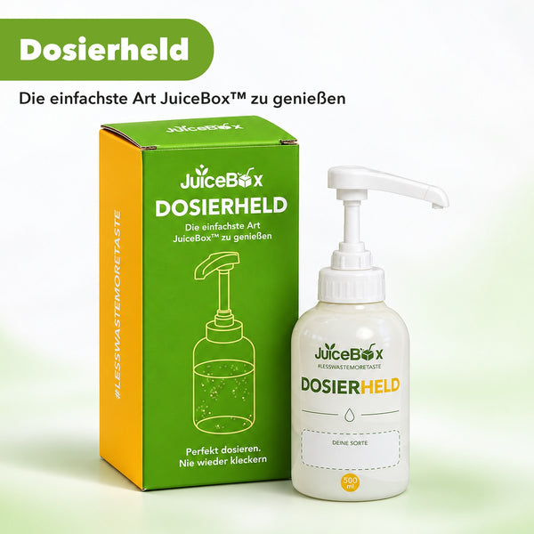 JuiceBox™ Dosierheld 500 ml Glas-Pumpflasche mit Verpackung