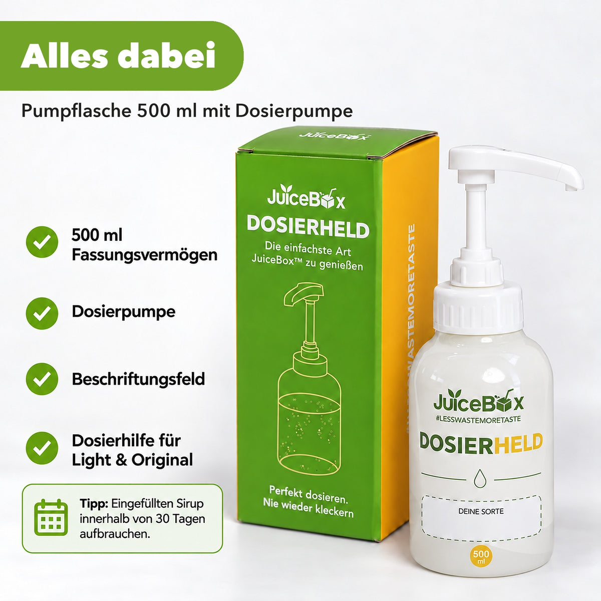 Lieferumfang: Pumpflasche 500 ml mit Dosierpumpe, Beschriftungsfeld und Dosierhilfe
