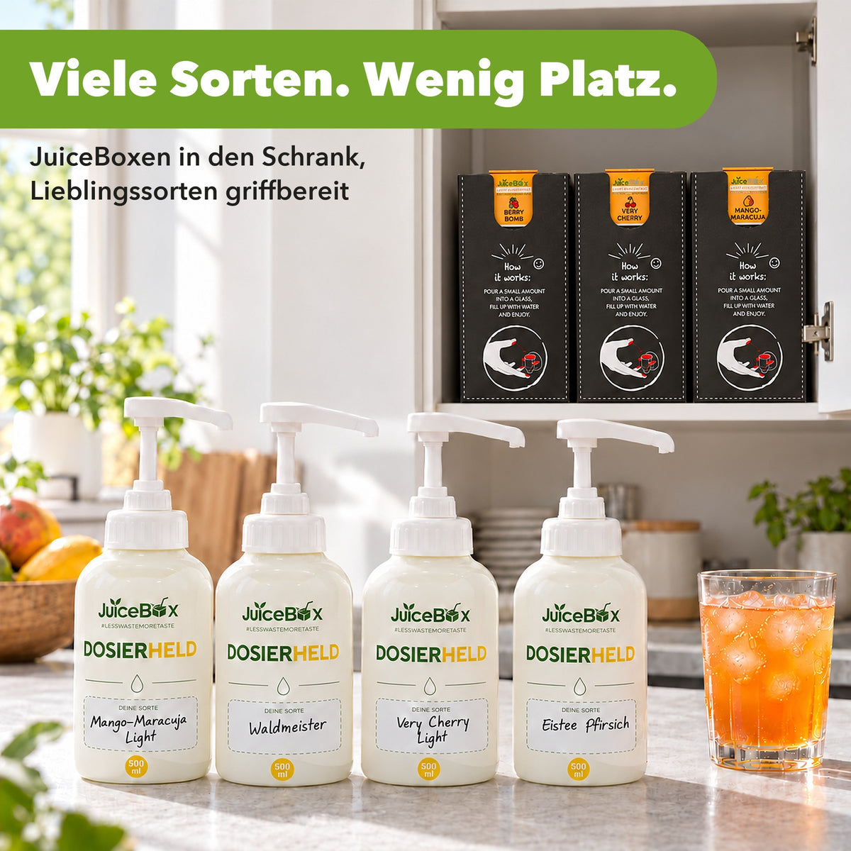 Viele Sorten, wenig Platz: Dosierhelden auf der Arbeitsfläche, JuiceBoxen im Schrank