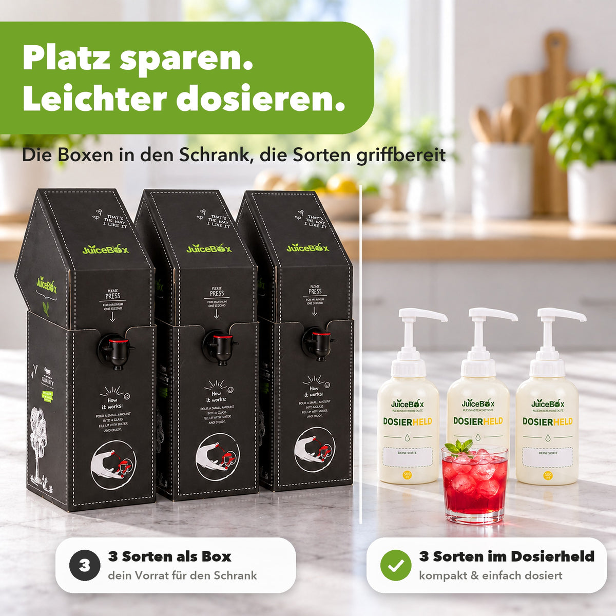 Platz sparen: drei JuiceBoxen im Vergleich zu drei kompakten Dosierhelden
