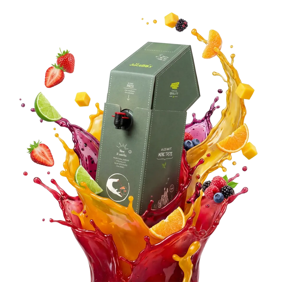 JuiceBox 2-Liter-Box mit Zapfhahn, umgeben von spritzendem Fruchtsaft