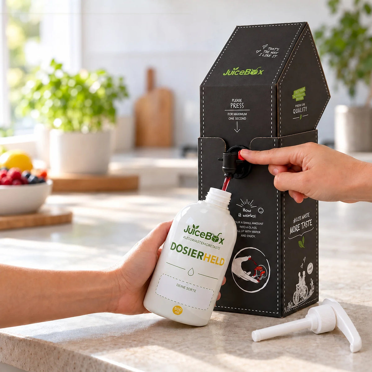 Der Dosierheld wird direkt am Zapfhahn einer JuiceBox befüllt