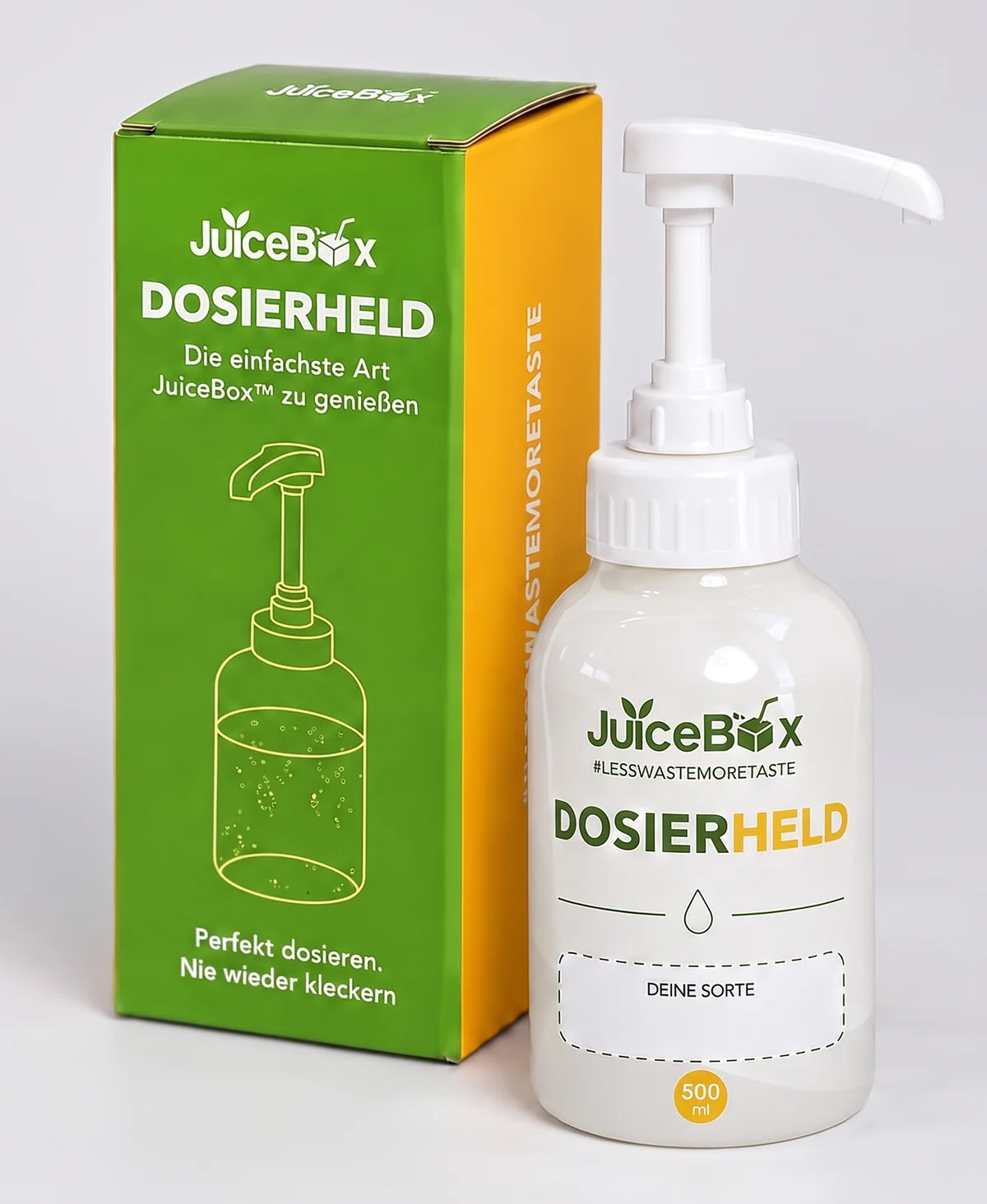 JuiceBox Dosierheld 500 ml Glasflasche mit Dosierpumpe und Verpackung