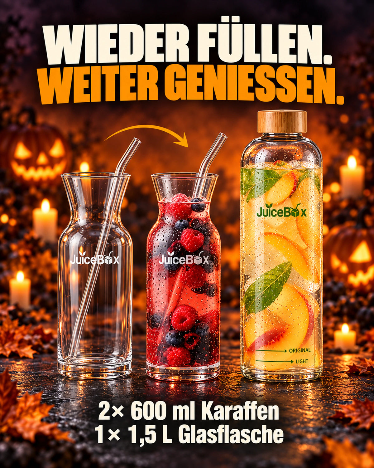 Karaffen und Glasflasche zum Wiederbefüllen