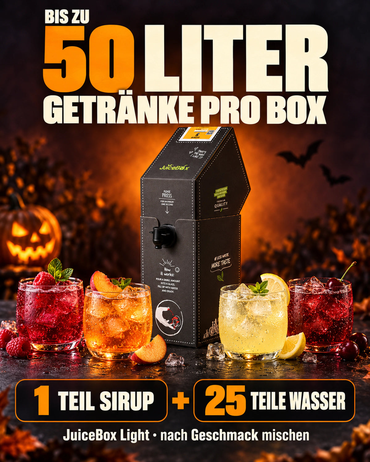 Bis zu 50 Liter Getränk pro Box: 1 Teil Sirup und 25 Teile Wasser