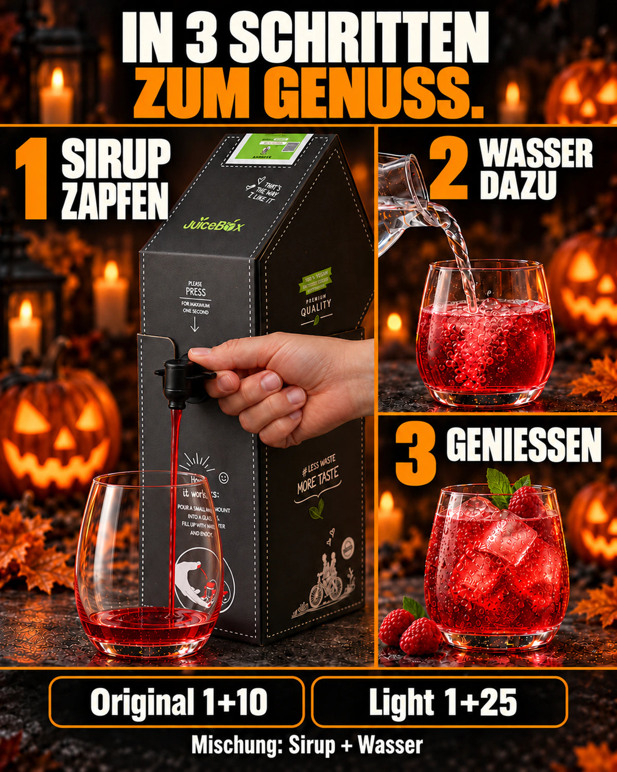 In 3 Schritten zum Genuss: Sirup zapfen, Wasser dazu, genießen