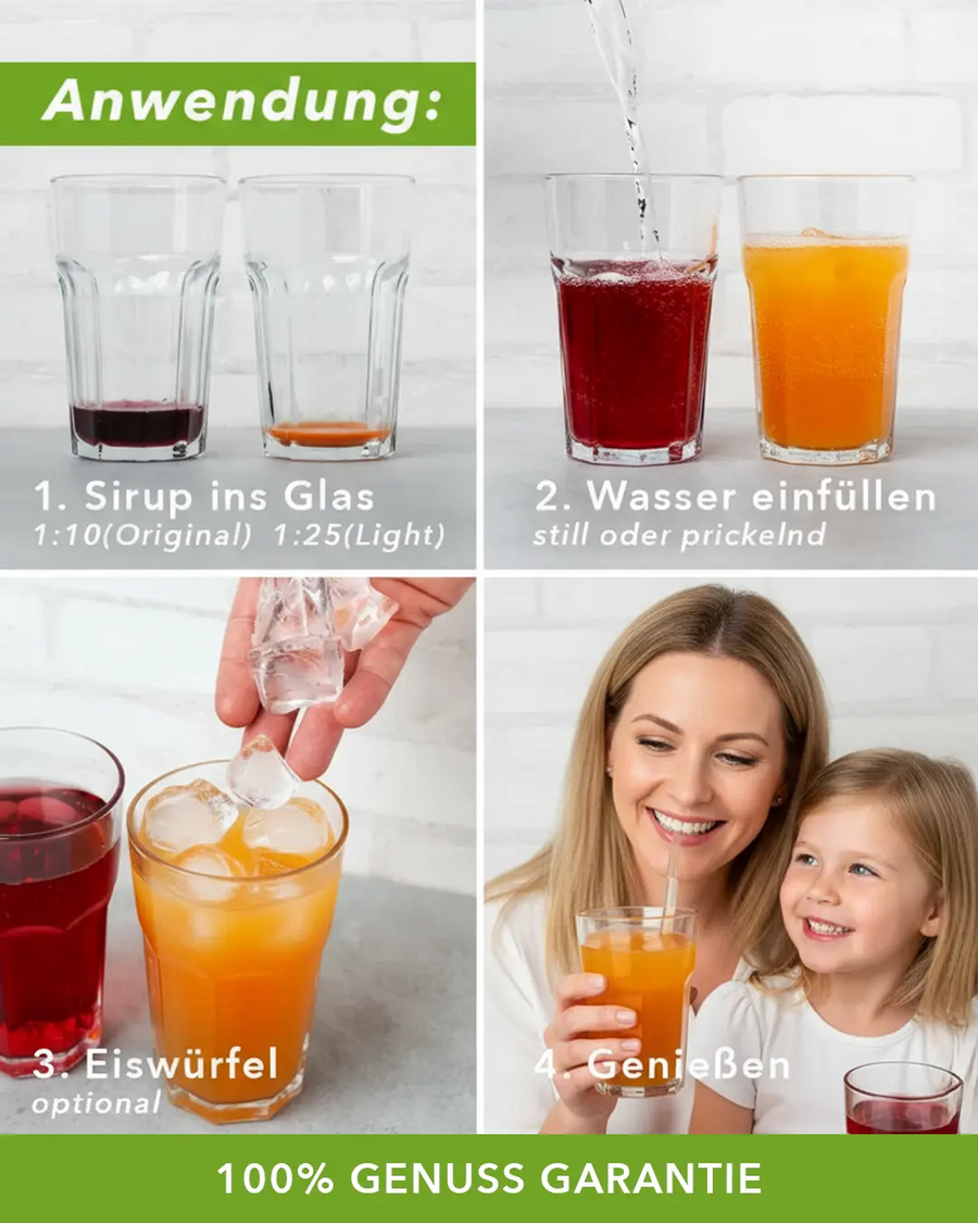 Vier Schritte: Sirup ins Glas zapfen, Wasser einfüllen, Eiswürfel dazu, genießen