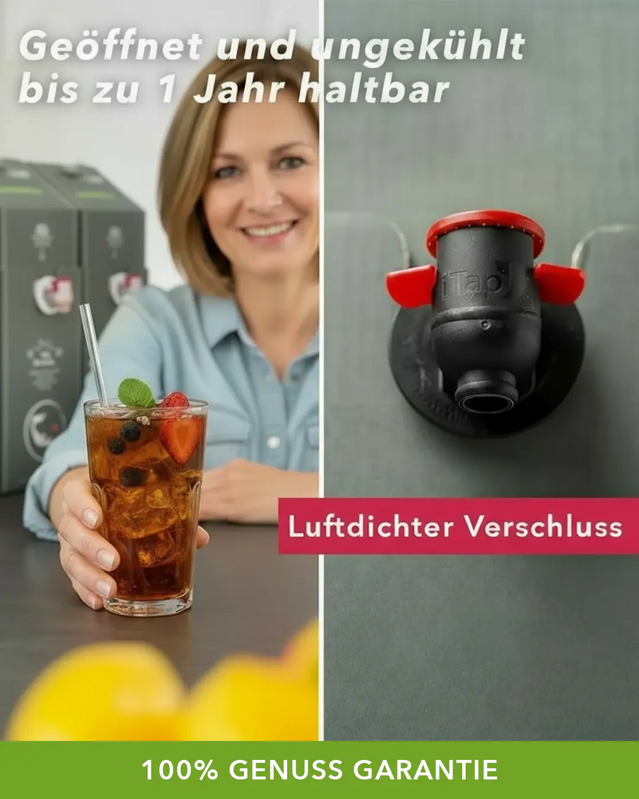 Nahaufnahme des luftdichten Zapfhahns einer JuiceBox neben einem fertig gemixten Getränk