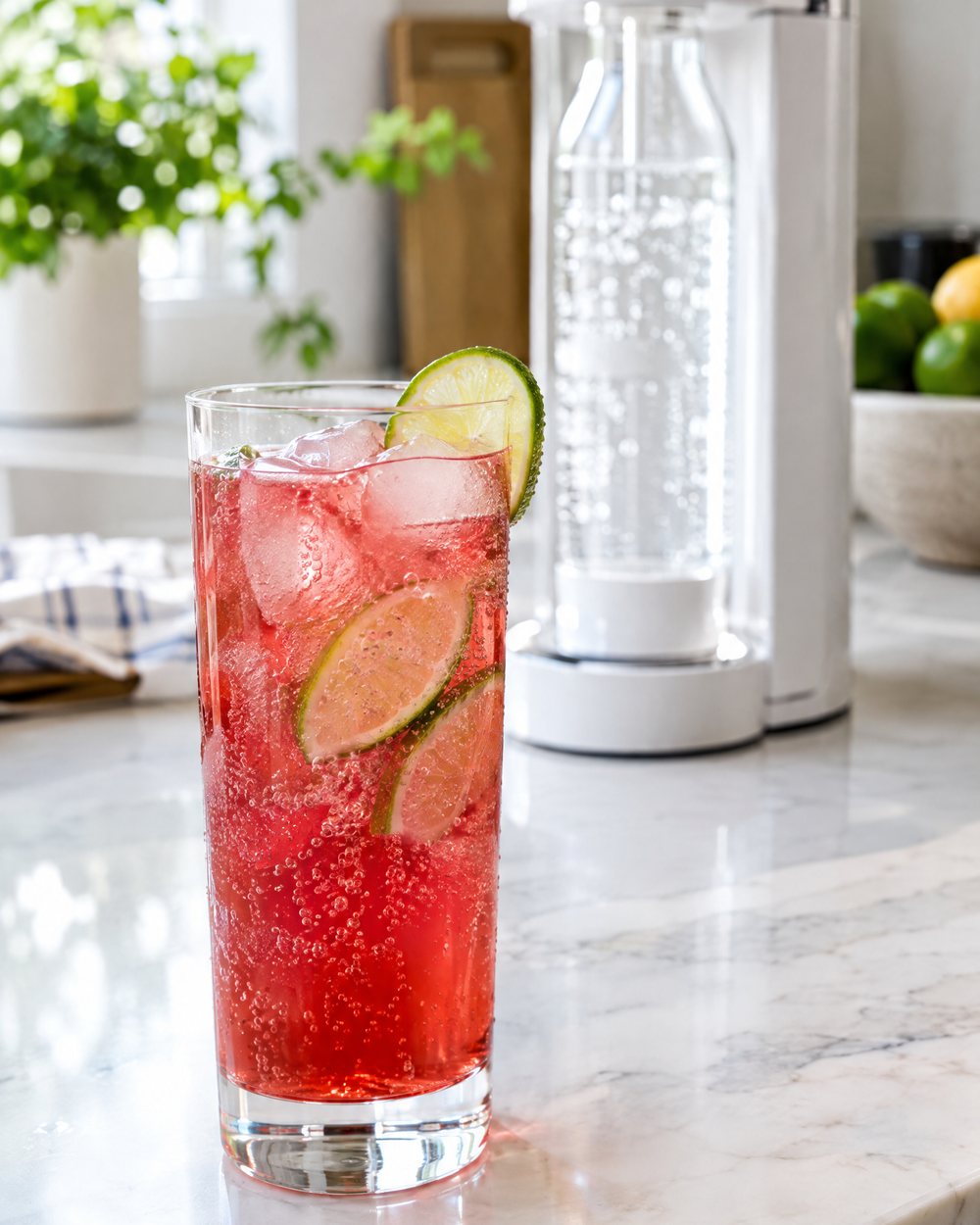 Glas mit Sprudel-Limo in der Küche