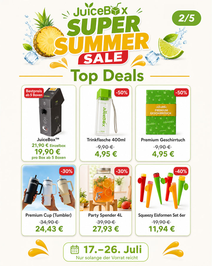 Top Deals: JuiceBox™ Staffelpreis, Trinkflasche, Premium Geschirrtuch, Premium Cup, Party Spender und Eisformen