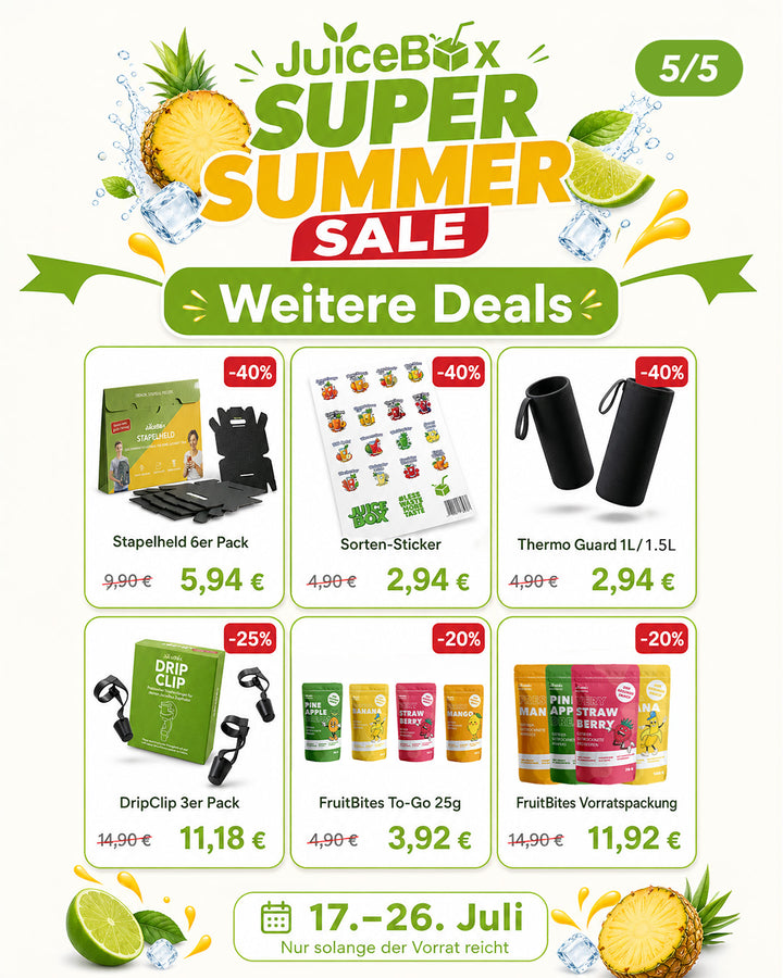 Weitere Deals: Stapelheld, Sorten-Sticker, Thermo Guard, DripClip und FruitBites